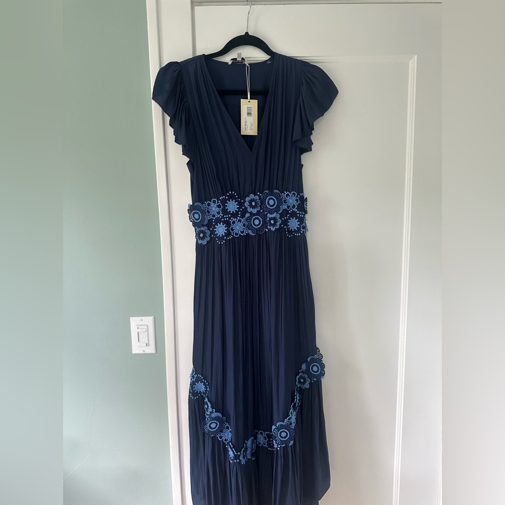 Ramy Brook Navy Dress with Blue Floral Embroidery